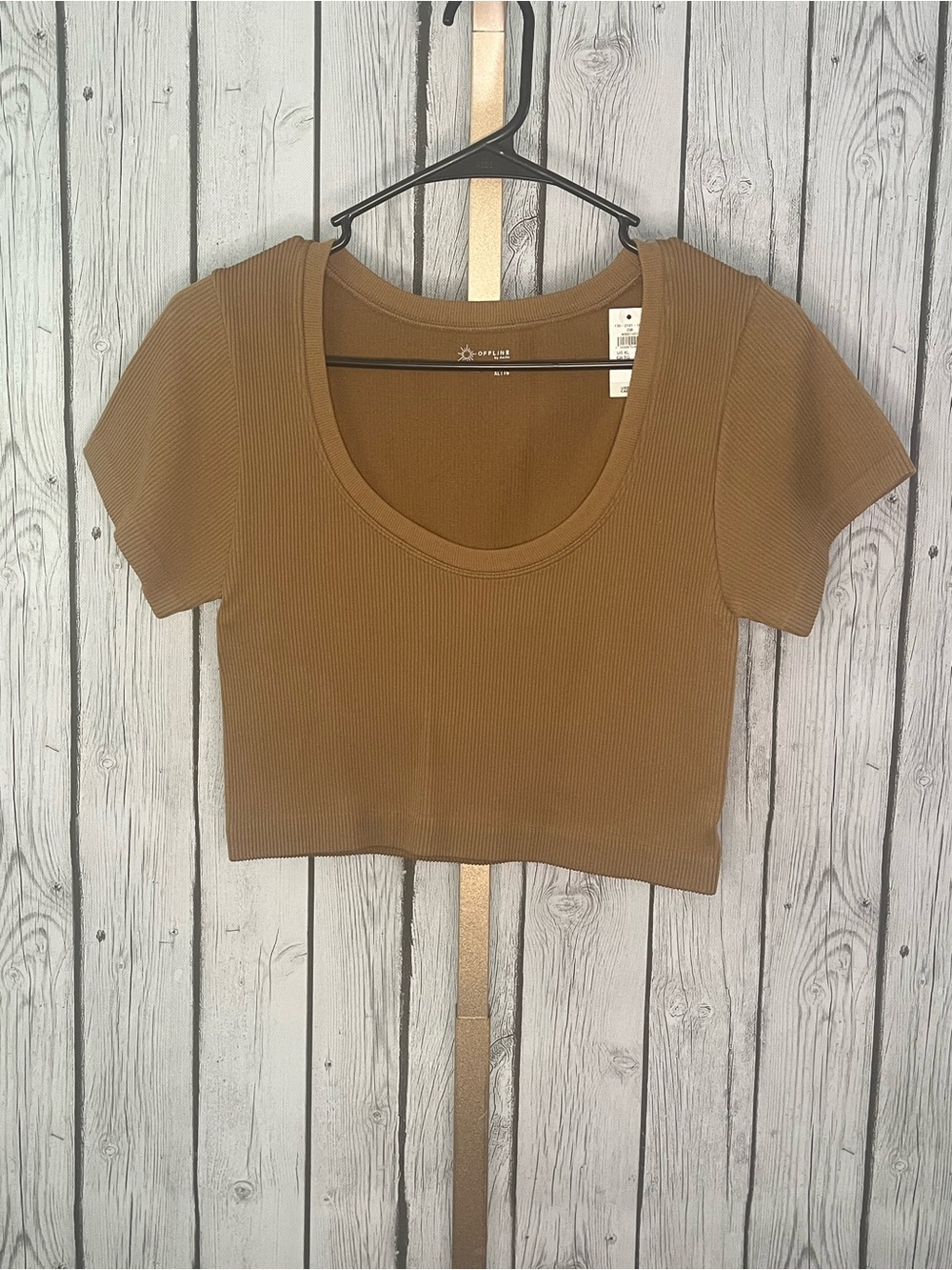 NWT OFFLINE by Aerie Ribbed Scoop Neck Seamless Cropped Tee Caramel Tan XL